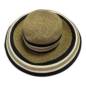 Women’s Gold Metallic Wide Brim Straw Sun Hat - Black/White